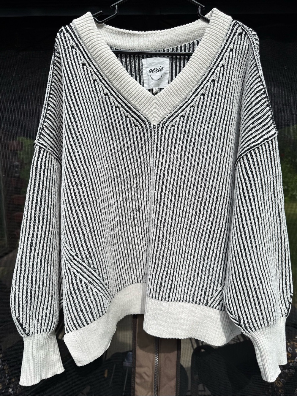 aerie Black & White Striped V-Neck Pullover Sweater